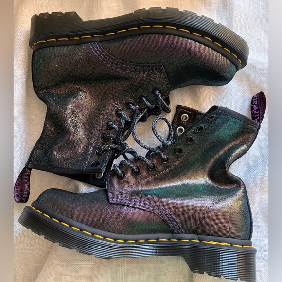 DOC MARTEN’S | Disco Iridescent Midnights Suede Leather Combat Lace Booties - Picture 3 of 7